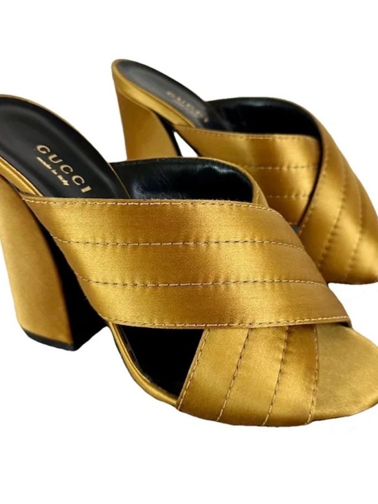 Gucci Shoes - Gucci Gold Satin Block Heel Mule
